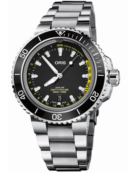 Oris Oris Aquis Depth Gauge 01 733 7755 4154-Set MB  01 733 7755 4154-Set MB механические мужские часы черный циферблат, браслет нержавеющая сталь — вид спереди